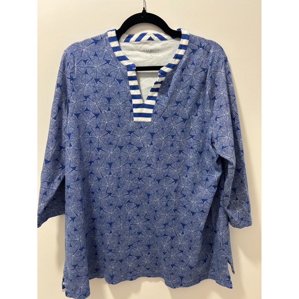 Talbots Woman Blue White Starburst Print Cotton 3/4 Sleeve Top 2X Split Neck